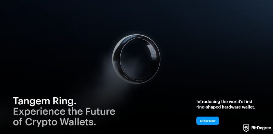 Best Ethereum Classic wallet: Tangem ring hardware wallet displayed against a dark background.