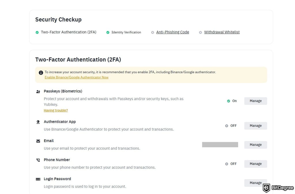 Best exchange Ireland: 2FA settings on Binance.