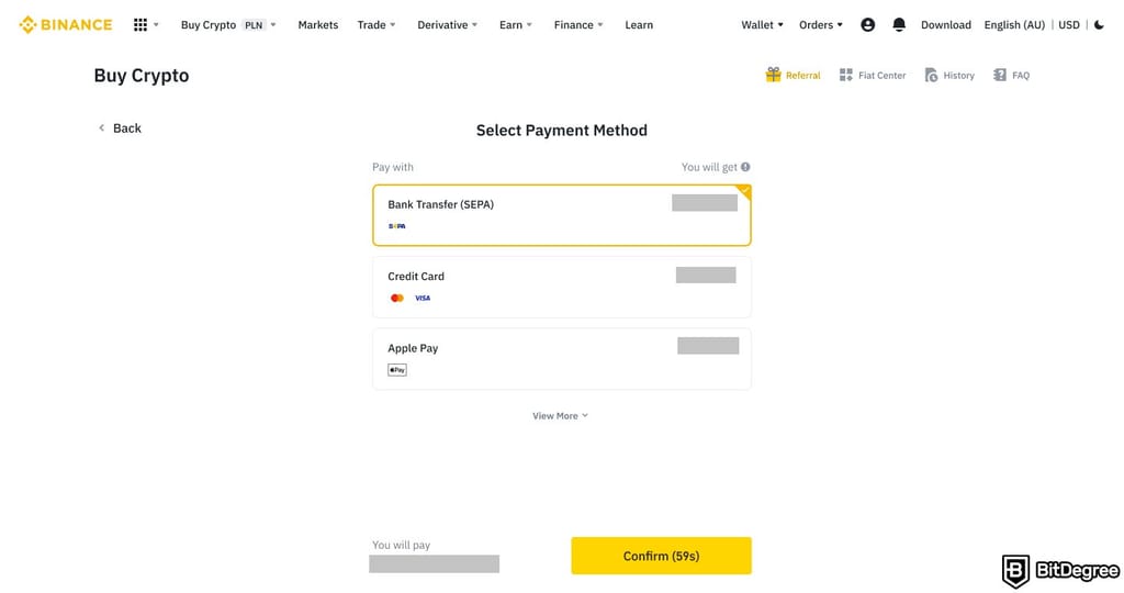 Best crypto exchange Ireland: selecting SEPA on Binance as a payment method.