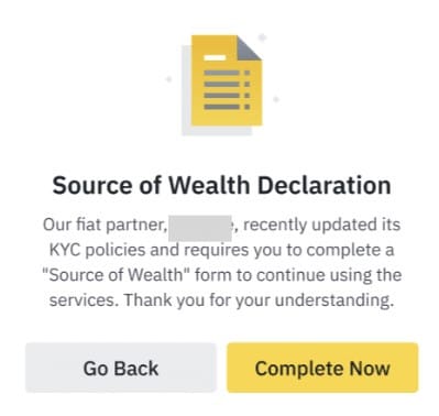 Best crypto exchange Ireland: the source of wealth declaration window on Binance.