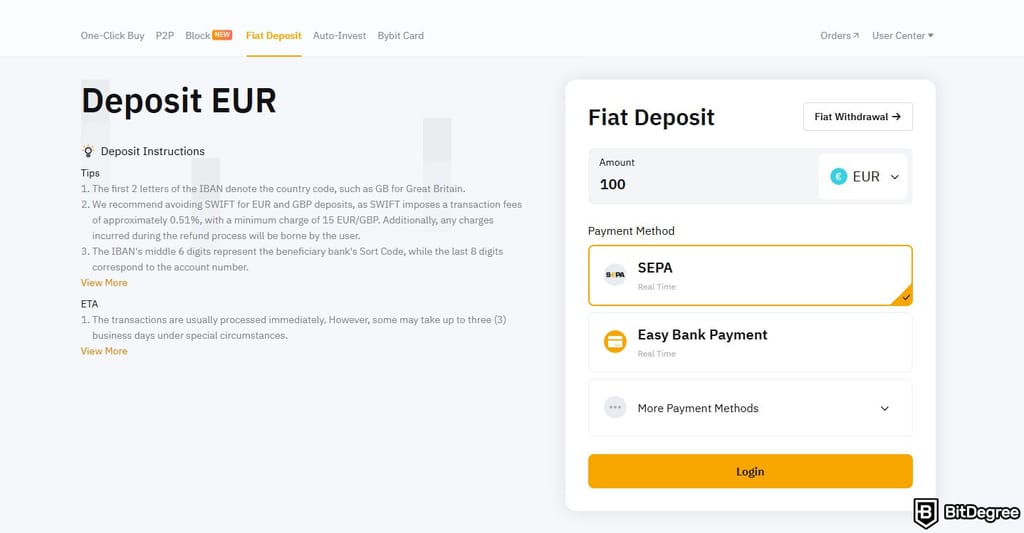 Best crypto exchange Ireland: the EUR deposit page.