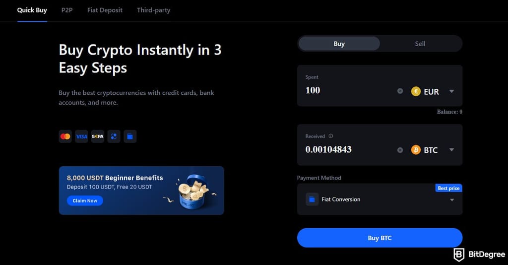 Best crypto exchange Ireland: the buying interface on MEXC.