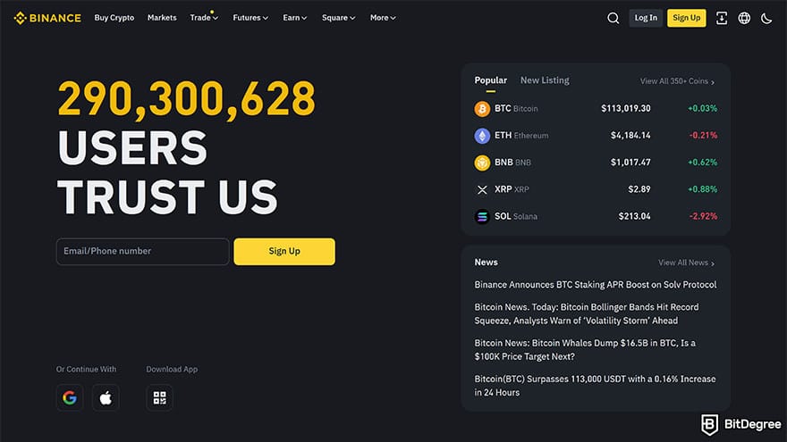 Best fiat-to-crypto exchange: Binance's homepage.