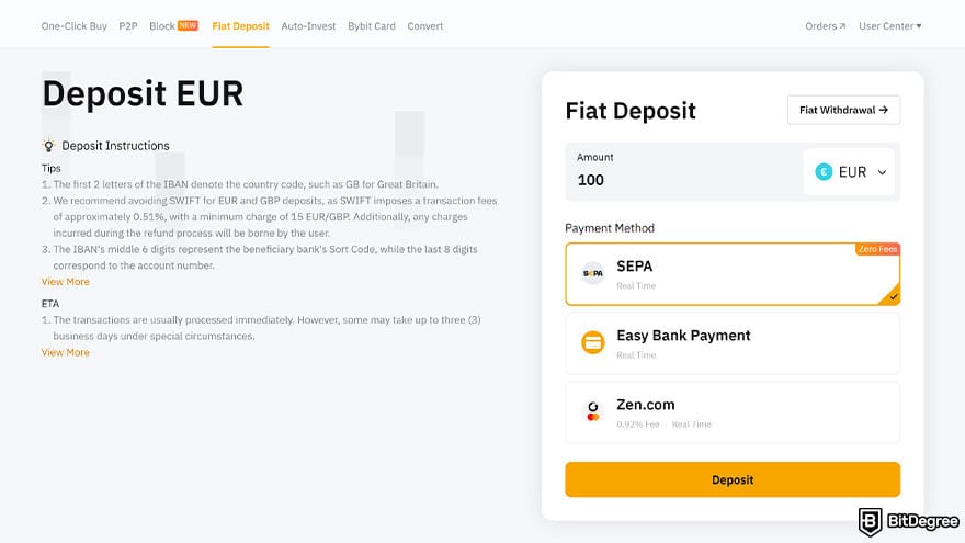Best fiat-to-crypto exchange: Bybit deposit EUR.