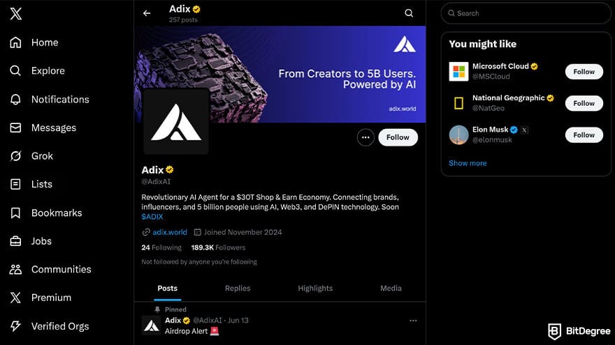 Best free crypto airdrops: Adix X page.