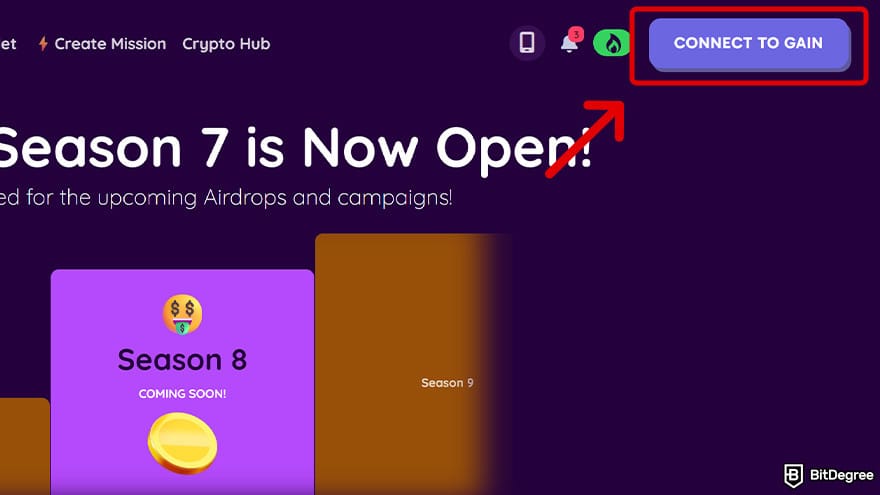 Best free crypto airdrops: BitDegree "CONNECT TO GAIN" button.