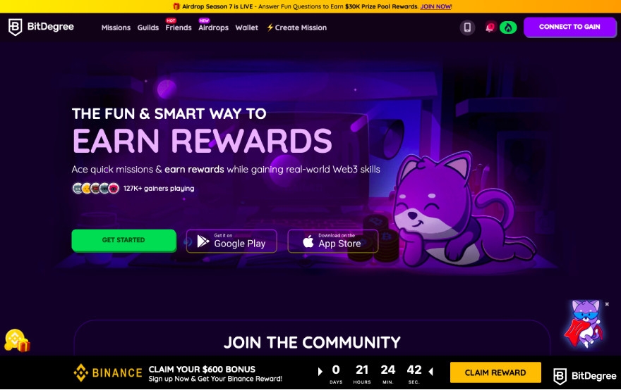 Best free crypto airdrops: a screenshot of BitDegree Missions page.