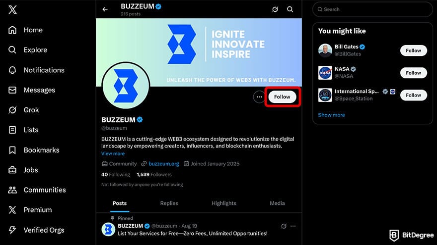 Best free crypto airdrops: BUZZEUM X account page.