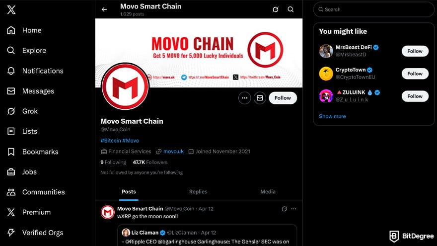 Best free crypto airdrops: Movo Smart Chain X page.