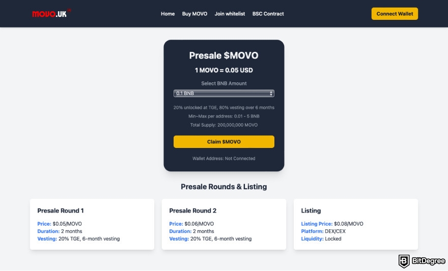 Best free crypto airdrops: a screenshot of Movo Smart Chain homepage.