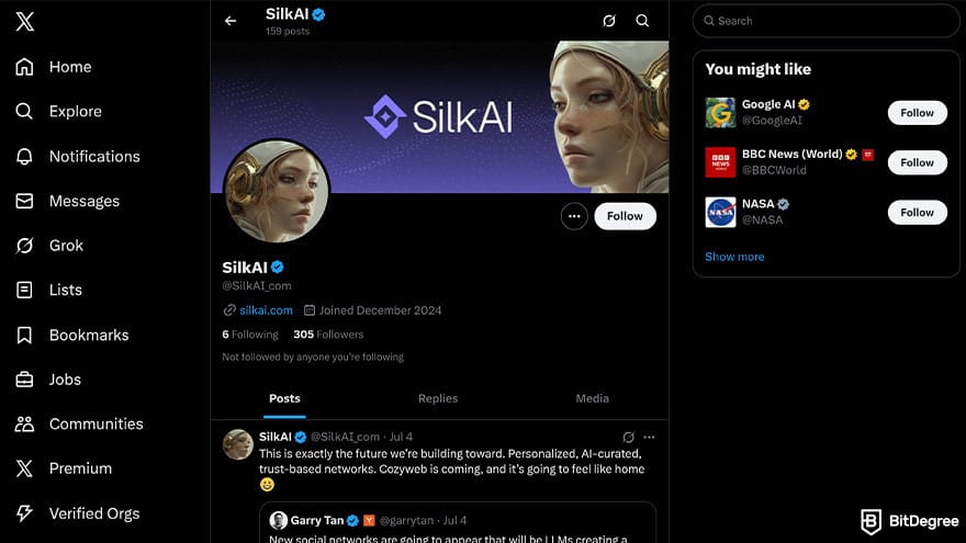 Best free crypto airdrops: SilkAI X page.