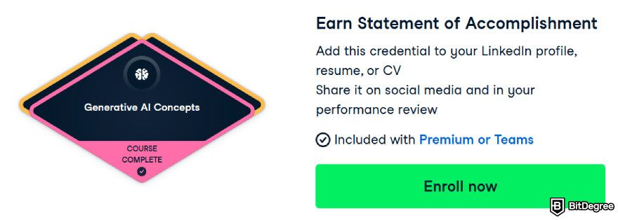 Best generative AI courses: DataCamp's Generative AI Concepts course certificate.