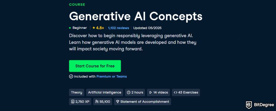 Best generative AI courses: DataCamp's Generative AI Concepts course.