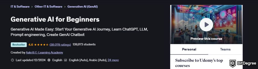 Best generative AI courses: Udemy's Generative AI for Beginners course.
