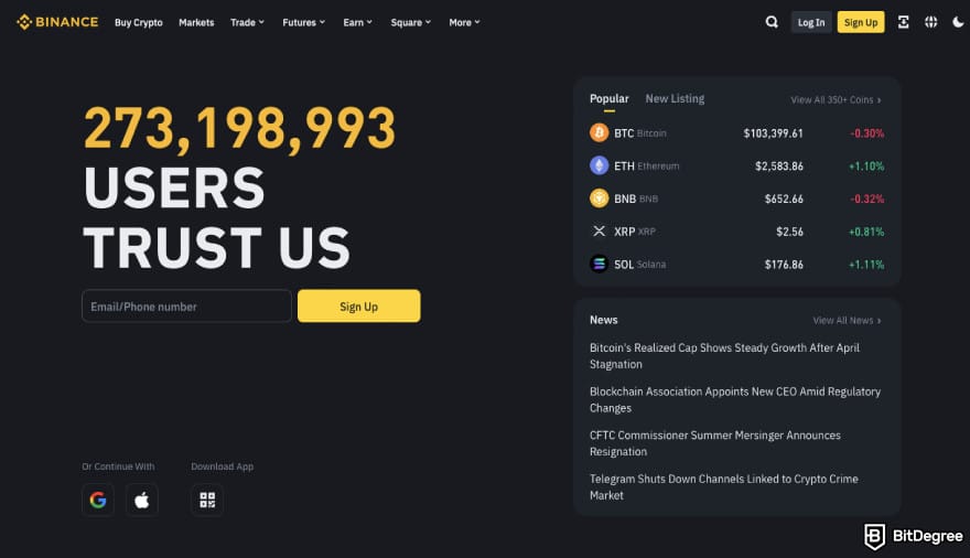 Best hybrid crypto exchange: a screenshot of Binance's homepage.