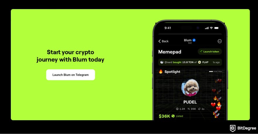 Best hybrid crypto exchange: a screenshot of Blum's homepage.