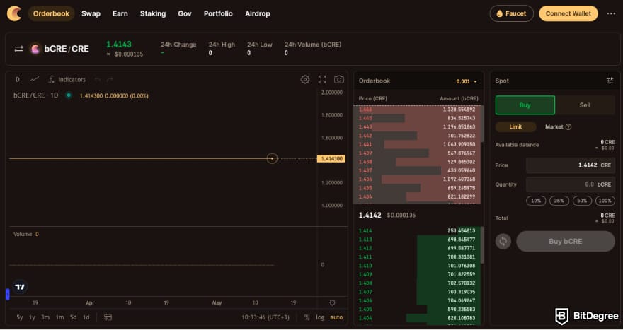 Best hybrid crypto exchange: a screenshot of Crescent's order book inteface.