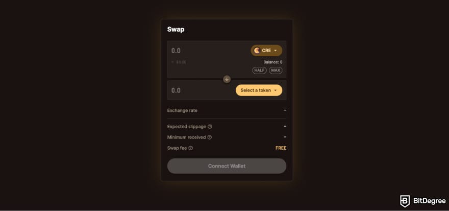 Best hybrid crypto exchange: a screenshot of Crescent's swapping interface.