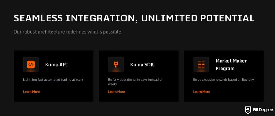 Best hybrid crypto exchange: a screenshot of KUMA's feature description.