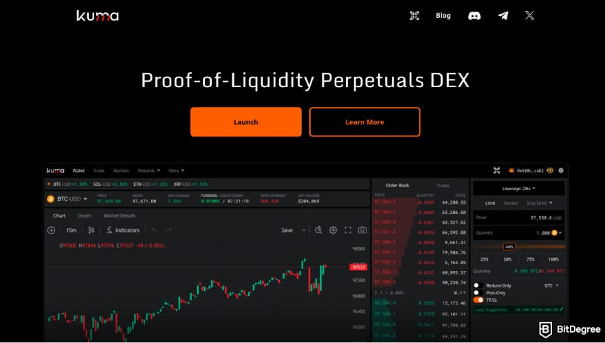 Best hybrid crypto exchange: a screenshot of KUMA's homepage.