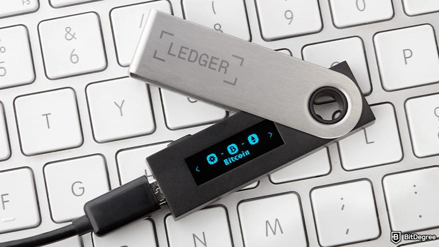 Best IOTA wallet: Ledger wallet on a keyboard.