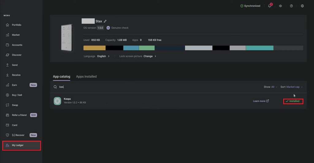 Best Kaspa wallet: installing Kaspa via the Ledger Live app.