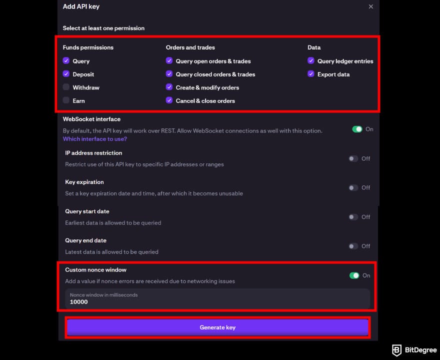 Best Kraken trading bots: the API settings on Kraken.