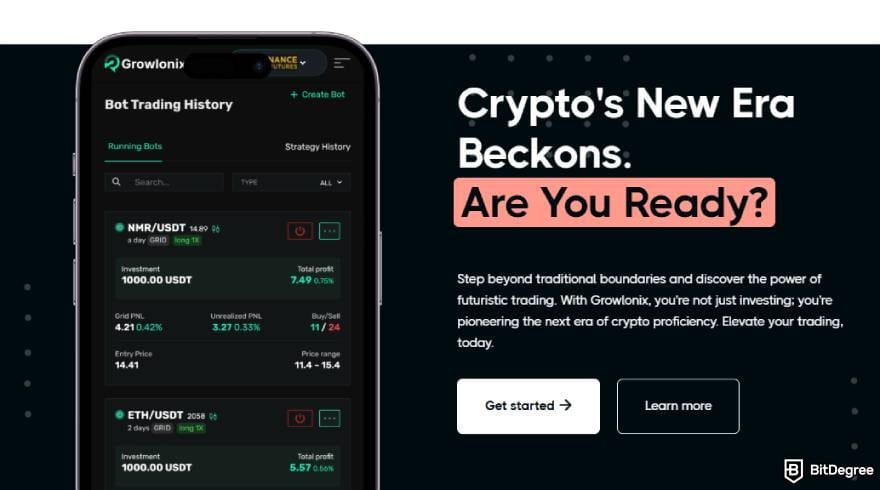Best Kraken trading bots: Growlonix's mobile phone app promotion.