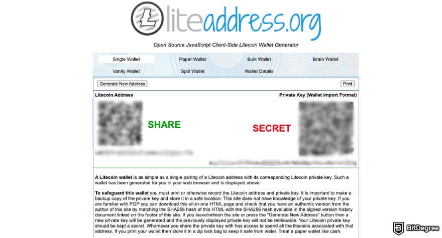 Best Litecoin wallet: LiteAddress.org paper wallet example.