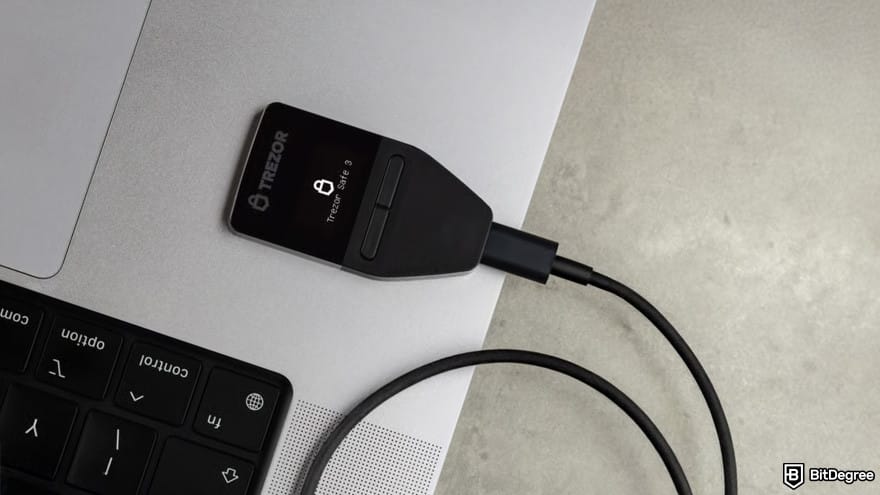 Best Litecoin wallet: Trezor Safe 3 wallet on a laptop.