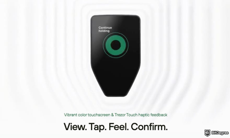 Best Litecoin wallet: the illustration of Trezor Safe 5's screen and haptic feedback.