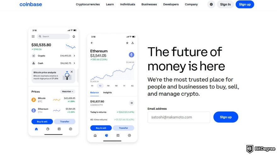 Best meme coin trading platform: Coinbase homepage.