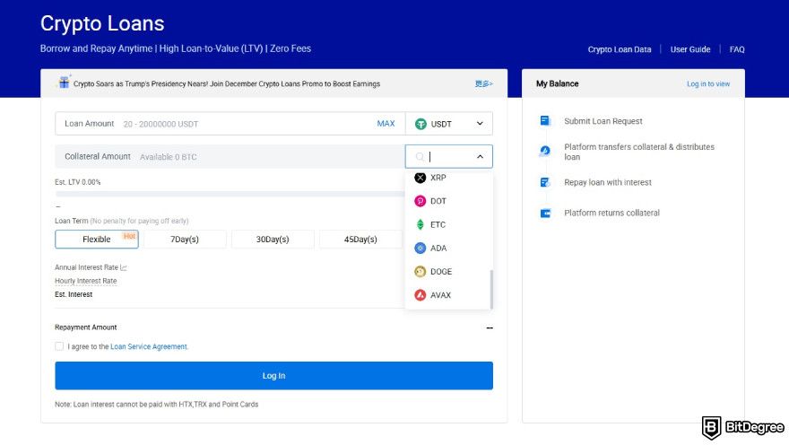 Best meme coin trading platform: HTX crypto loan feature.