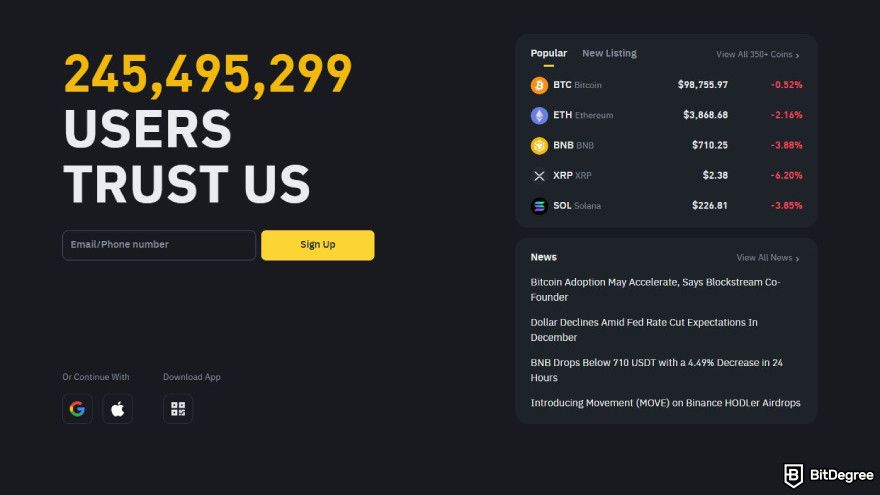 Best meme coin trading platform: Binance landing page.