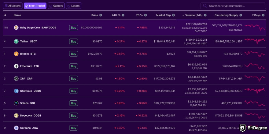 Best meme coin trading tools: most traded assets on the BitDegree crypto tracker.