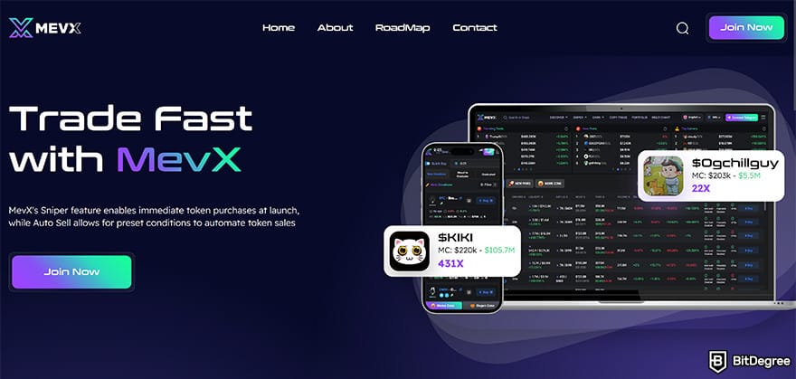 Best meme coin trading tools: MevX homepage.