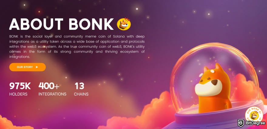 Best meme coins to buy now: Bonk homepage showing about BONK.