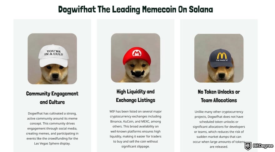 Best meme coins to buy now: dogwifhat homepage showing its features.