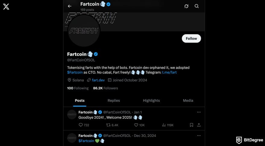 Best meme coins to buy now: Fartcoin X page.