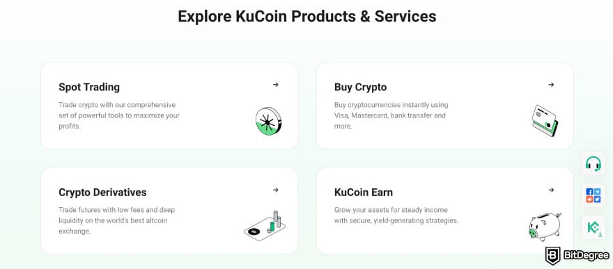 est meme coins to buy now: KuCoin homepage showing KuCoin products.