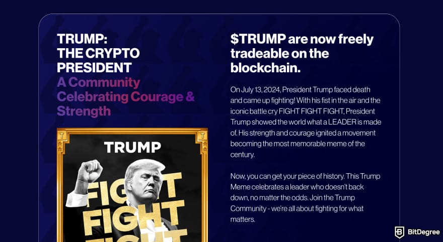 Best meme coins to buy now: TRUMP coin homepage.