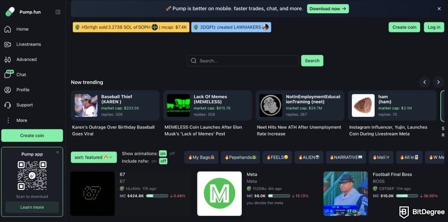 Best meme coins to buy now: Pump.fun homepage.