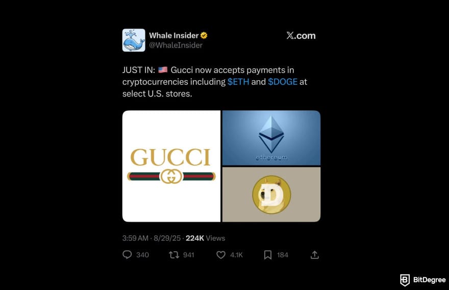 Best meme coins to buy now: X status showing Dogecoin available for Gucci store payment.