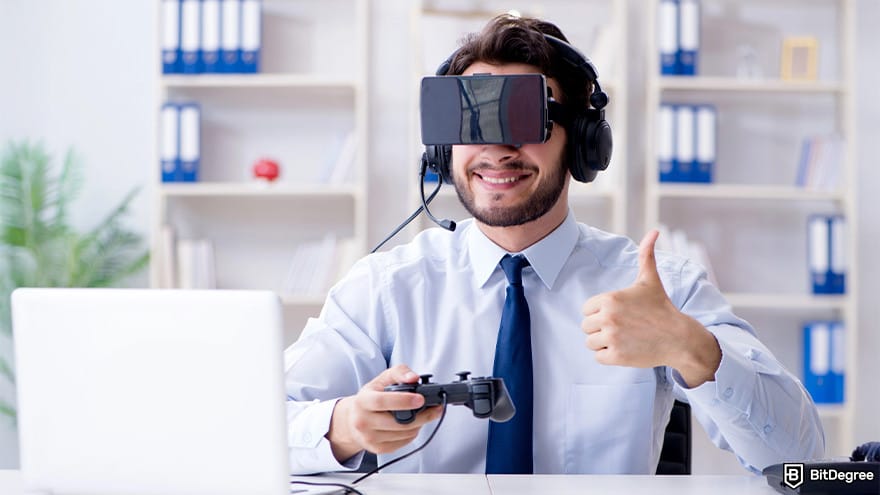 Best metaverse crypto: a person with a VR equipment is holding a gaming controller.