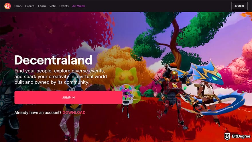 Best metaverse crypto: Decentraland homepage image.