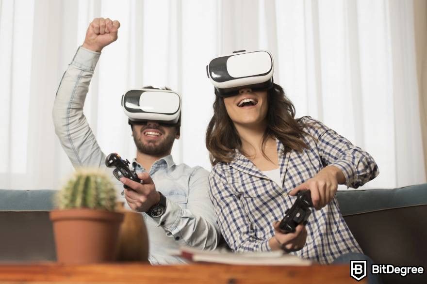 Best metaverse crypto: a man and woman are fully immersed in a virtual reality experience, both wearing VR headsets.