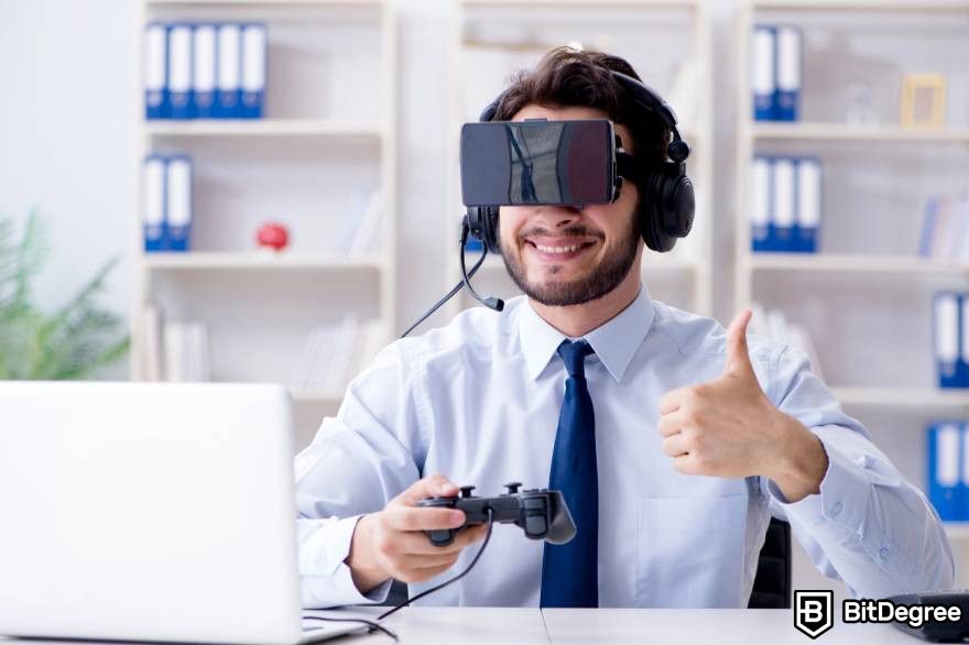 Best metaverse crypto: a person with a VR equipment is holding a gaming controller.