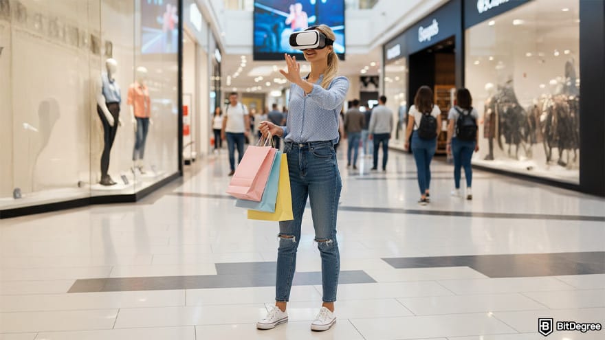 Best metaverse crypto: girl shopping in a metaverse.