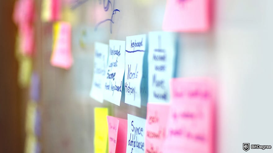 Best metaverse crypto: a whiteboard filled with colorful sticky notes.