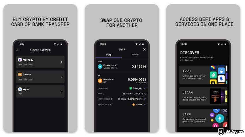Best mobile crypto wallet: the Android screenshots of Ledger Live.